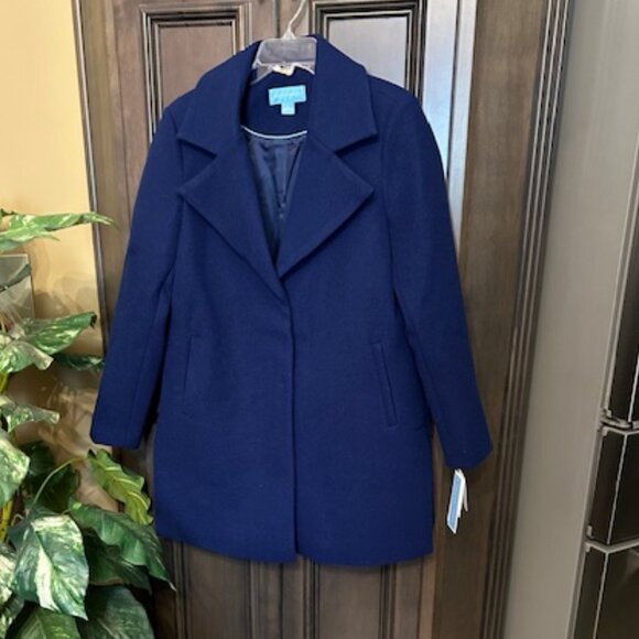 Draper James Dazzling Blue Water Resistant Long Sleeves Faux Wool Walker Coat - Picture 1 of 9